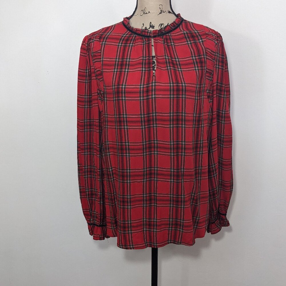 NWT LOFT Red Plaid Ruched Ruffle Neck Blouse Christmas Shirt Top Large L